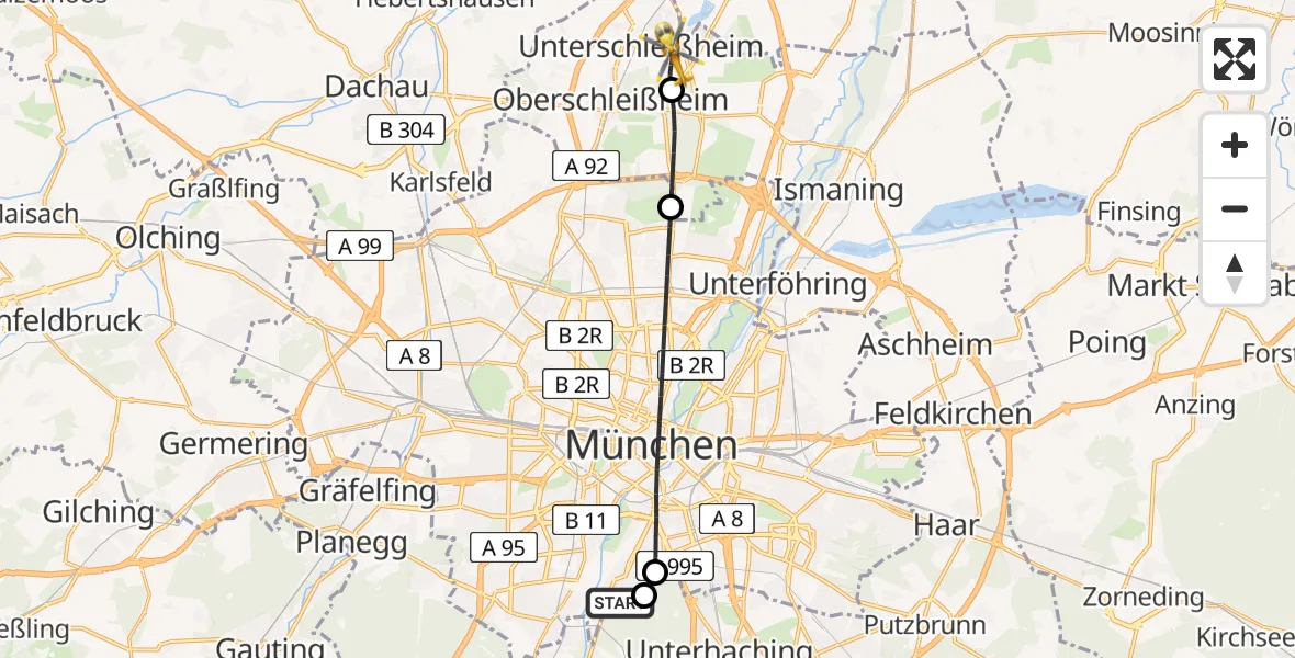 Flugroute Rettungshubschrauber ADAC Air Rescue Center Hubschrauberlandeplatz (Christoph 1) - Unterschleißheim, 18 April 2026, 09:10
