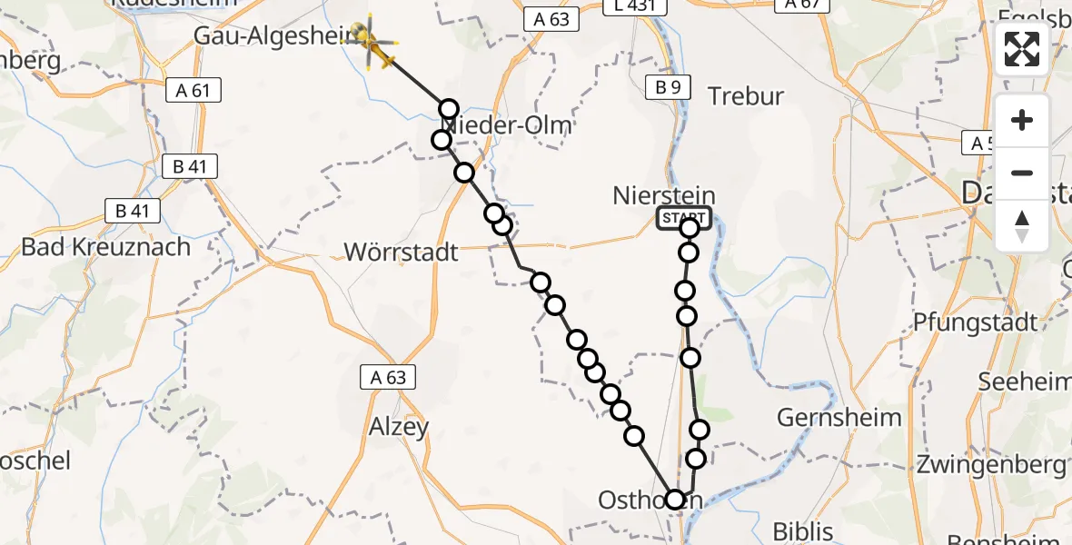 Flugroute Rettungshubschrauber Nierstein - Ingelheim am Rhein, 18 April 2026, 09:17
