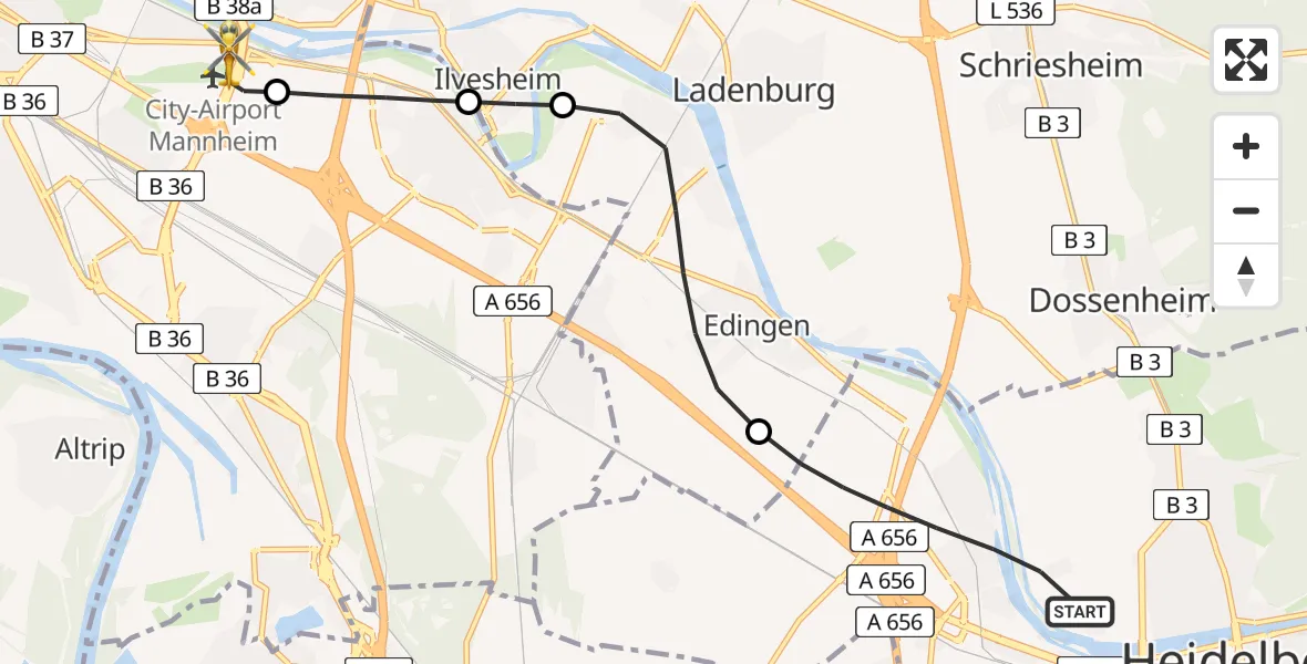 Flugroute Rettungshubschrauber Heidelberg - Mannheim-City Flughafen, 18 April 2026, 09:32