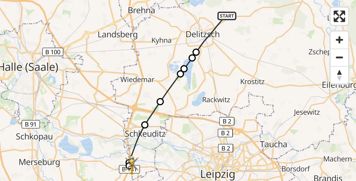 Flugroute Rettungshubschrauber Delitzsch - ADAC Air Rescue Station Leipzig/Schkeuditz-Dölzig Hubschrauberlandeplatz (Christoph 61), 18 April 2026, 09:38
