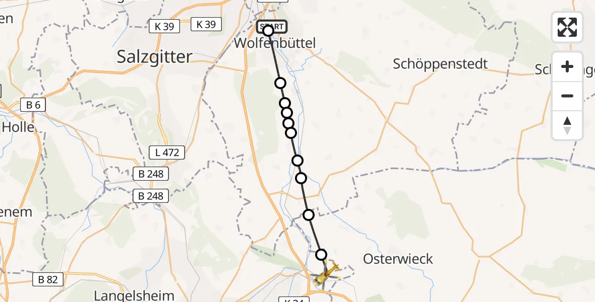 Flugroute Rettungshubschrauber Wolfenbüttel Municipal Hospital Heliport (Christoph 30) - Goslar, 18 April 2026, 09:51