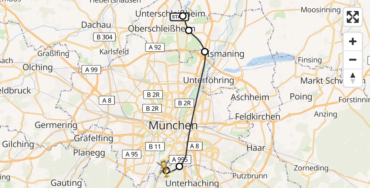 Flugroute Rettungshubschrauber Unterschleißheim - ADAC Air Rescue Center Hubschrauberlandeplatz (Christoph 1), 18 April 2026, 09:53