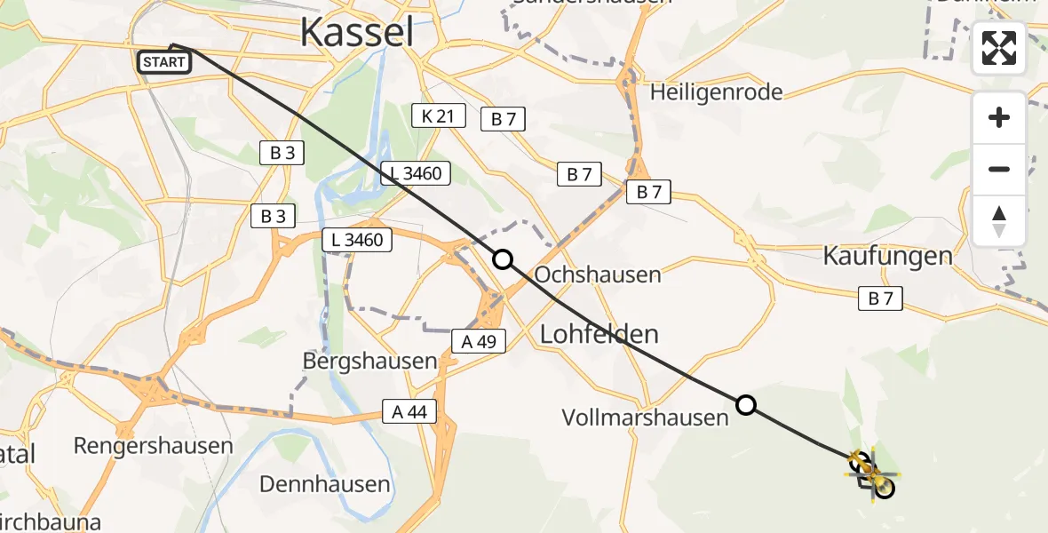 Flugroute Rettungshubschrauber Kassel - Kaufungen, 18 April 2026, 09:55