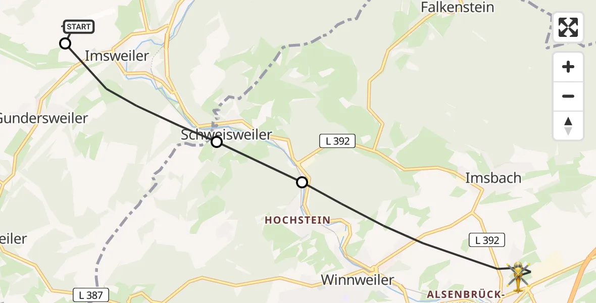 Flugroute Rettungshubschrauber Imsweiler UL - Winnweiler, 18 April 2026, 10:04