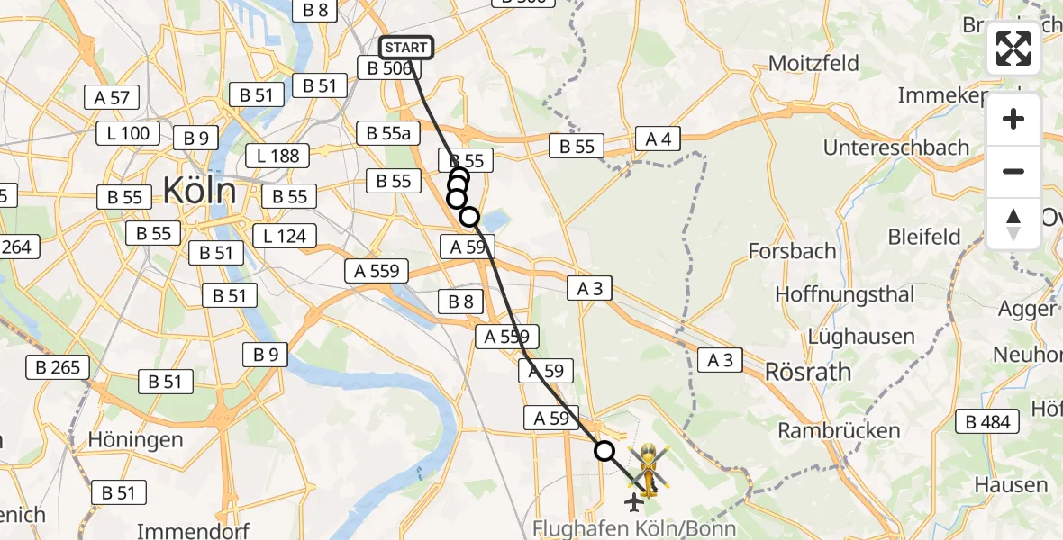 Flugroute Rettungshubschrauber Köln - Köln Bonn Flughafen, 18 April 2026, 10:06