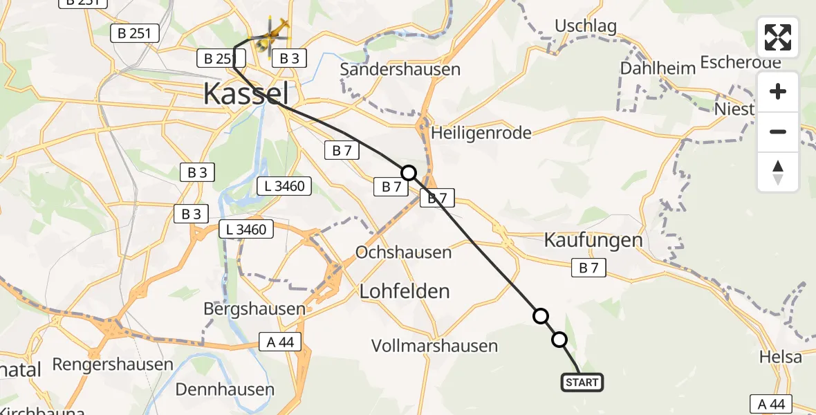 Flugroute Rettungshubschrauber Kaufungen - Kassel, 18 April 2026, 10:15