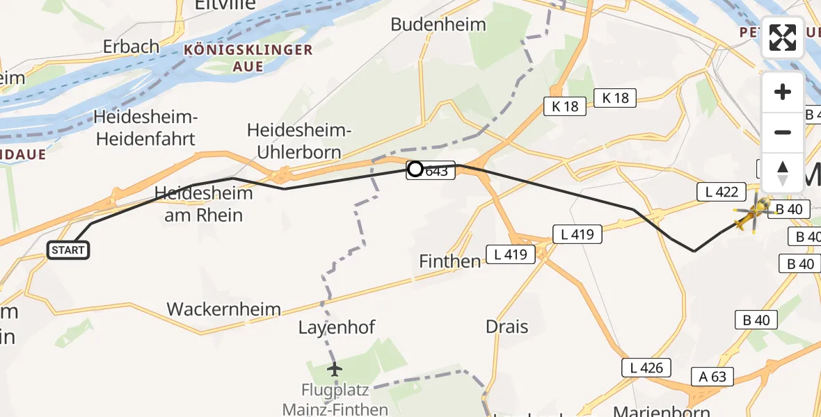 Flugroute Rettungshubschrauber Ingelheim am Rhein - Mainz University Hospital, 18 April 2026, 10:17