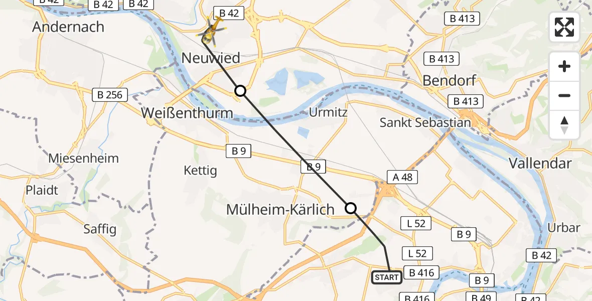 Flugroute Rettungshubschrauber Koblenz - Neuwied, 18 April 2026, 10:19