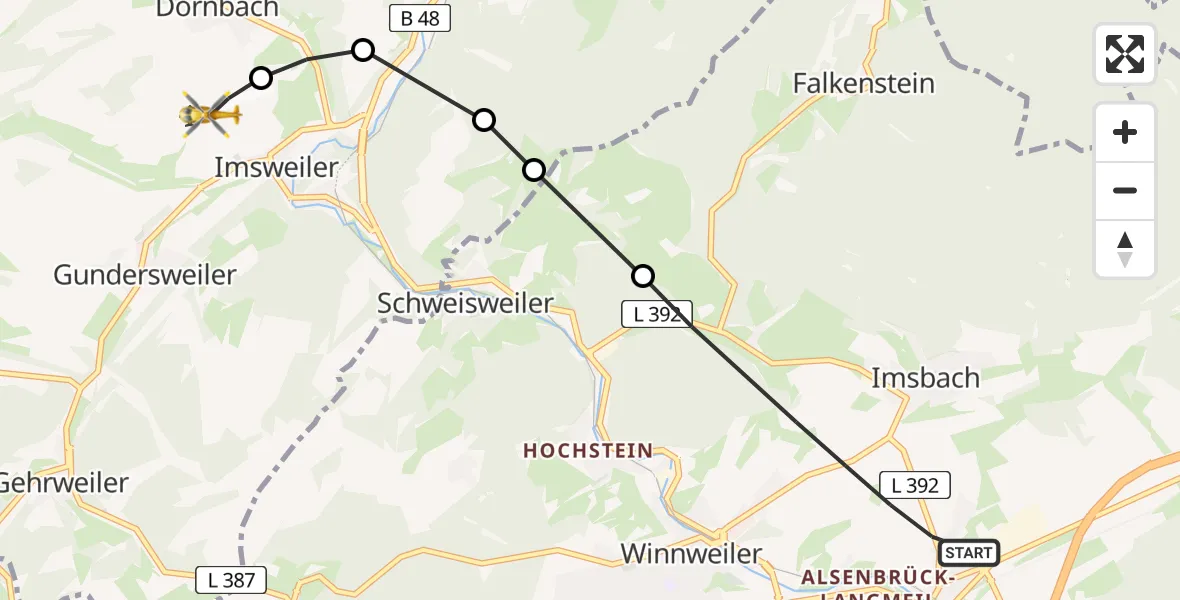 Flugroute Rettungshubschrauber Winnweiler - Imsweiler UL, 18 April 2026, 10:32