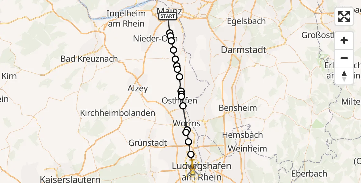 Flugroute Rettungshubschrauber Mainz - Ludwigshafen Accident Hospital Hubschrauberlandeplatz, 18 April 2026, 10:41