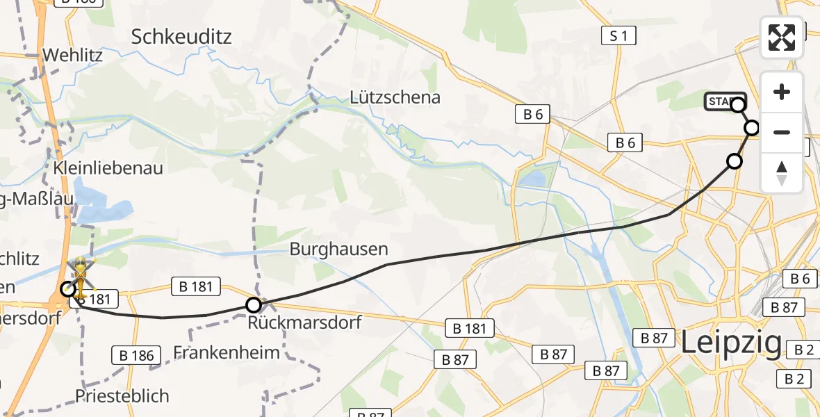 Flugroute Rettungshubschrauber Sankt Georg Hospital Leipzig Reserve - ADAC Air Rescue Station Leipzig/Schkeuditz-Dölzig Hubschrauberlandeplatz (Christoph 61), 18 April 2026, 10:42
