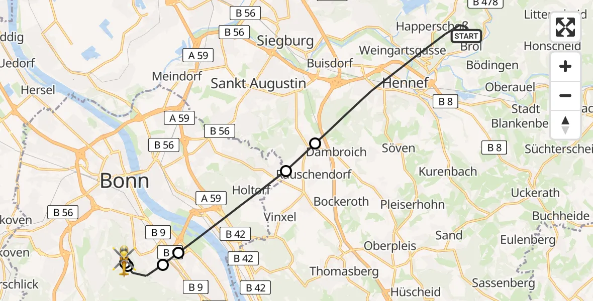 Flugroute Ambulanzhubschrauber Hennef (Sieg) - Bonn University Hospital, 18 April 2026, 10:44