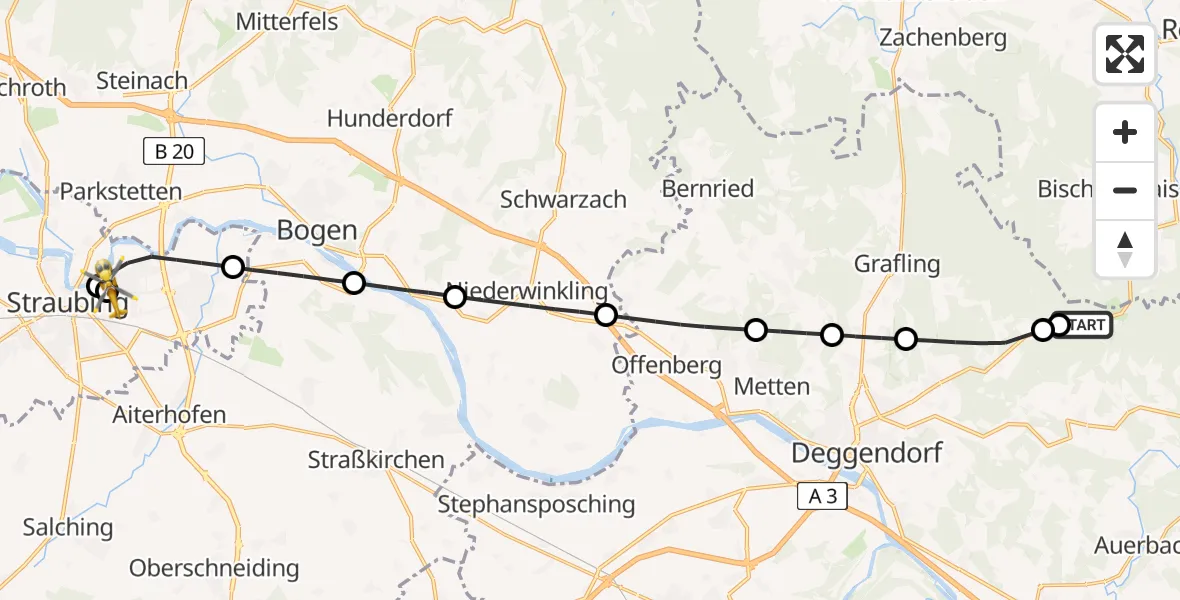 Flugroute Rettungshubschrauber Deggendorf - Sankt Elisabeth Hospital Straubing, 18 April 2026, 10:45