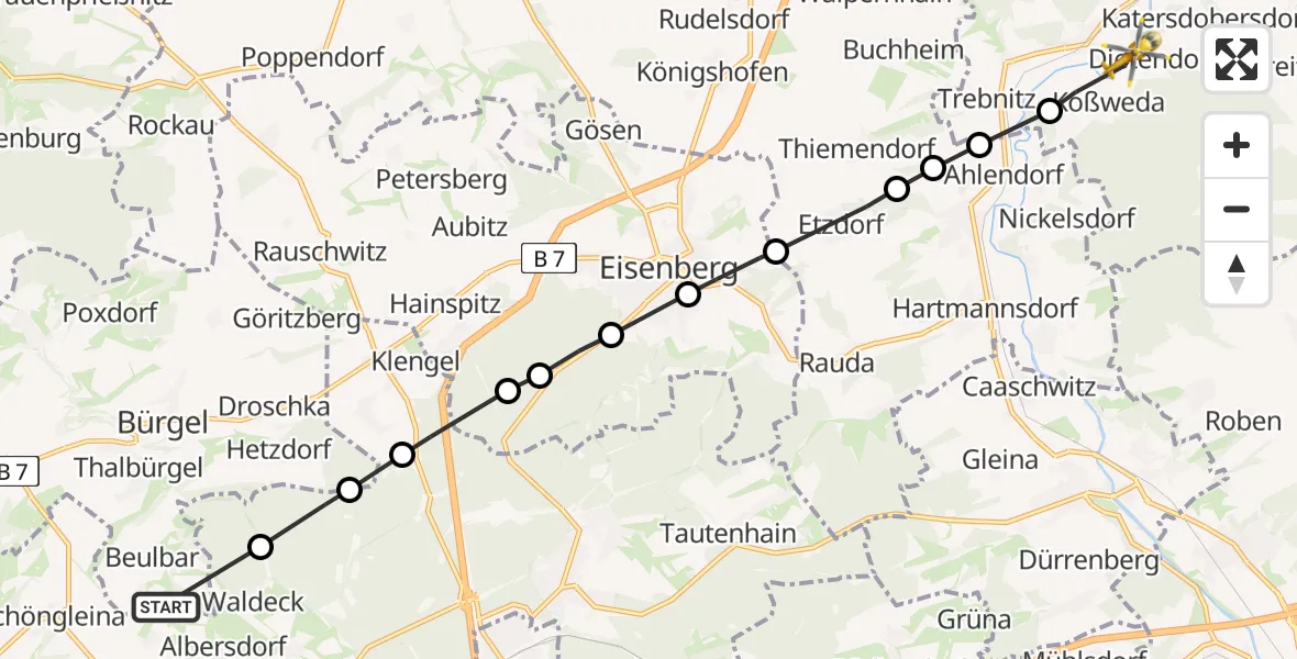 Flugroute Rettungshubschrauber Bürgel - Wetterzeube, 18 April 2026, 10:53