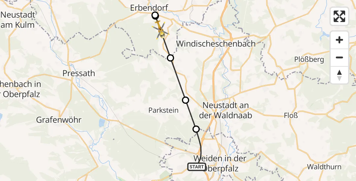Flugroute Rettungshubschrauber Weiden i.d.OPf. - Erbendorf, 18 April 2026, 10:55