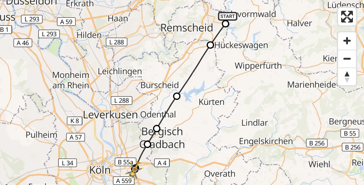 Flugroute Rettungshubschrauber Radevormwald - Merheim Hospital, 18 April 2026, 11:23