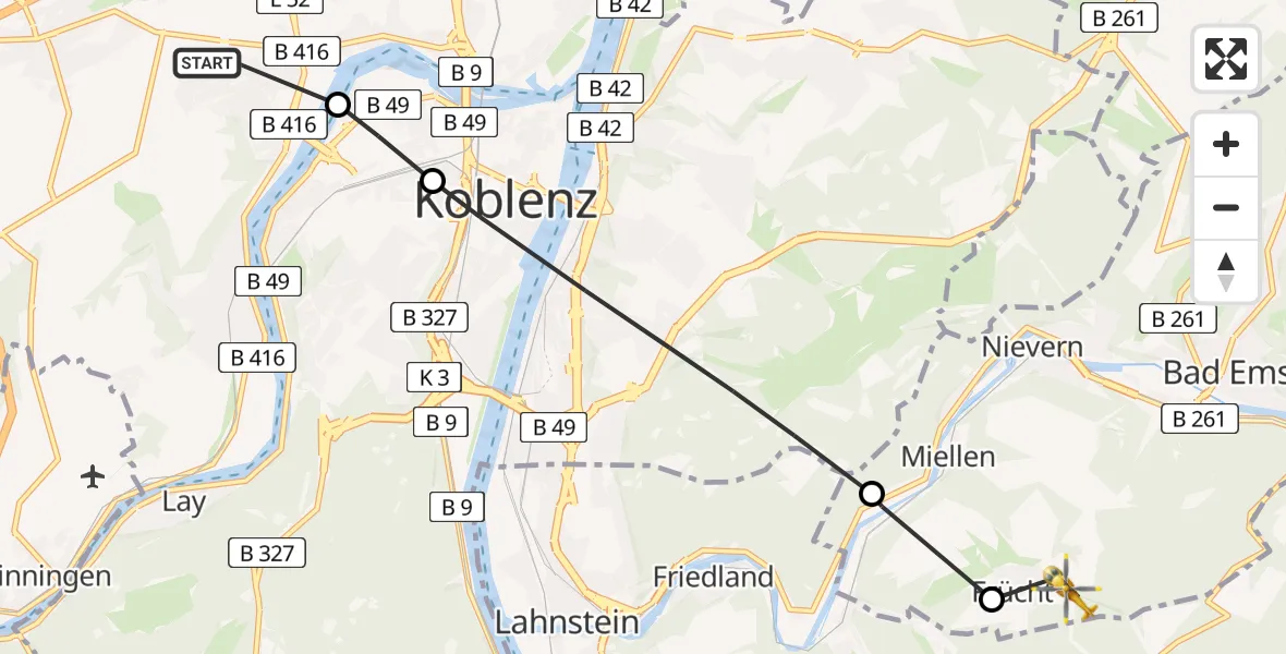 Flugroute Rettungshubschrauber Koblenz - Frücht, 18 April 2026, 11:30