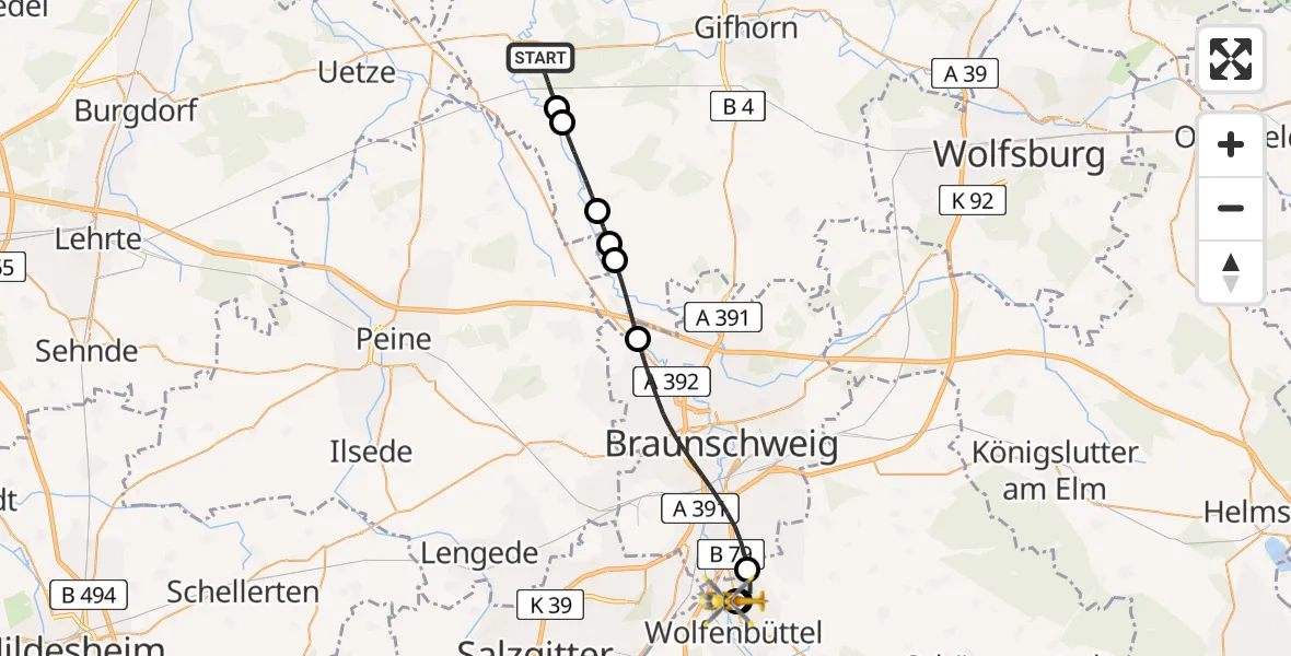 Flugroute Rettungshubschrauber Meinersen - Wolfenbüttel Municipal Hospital Heliport (Christoph 30), 18 April 2026, 11:33