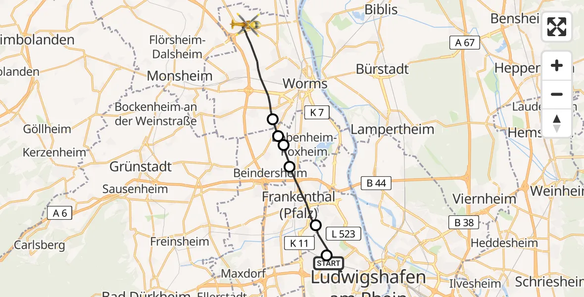 Flugroute Rettungshubschrauber Ludwigshafen Accident Hospital - Worms, 18 April 2026, 11:35