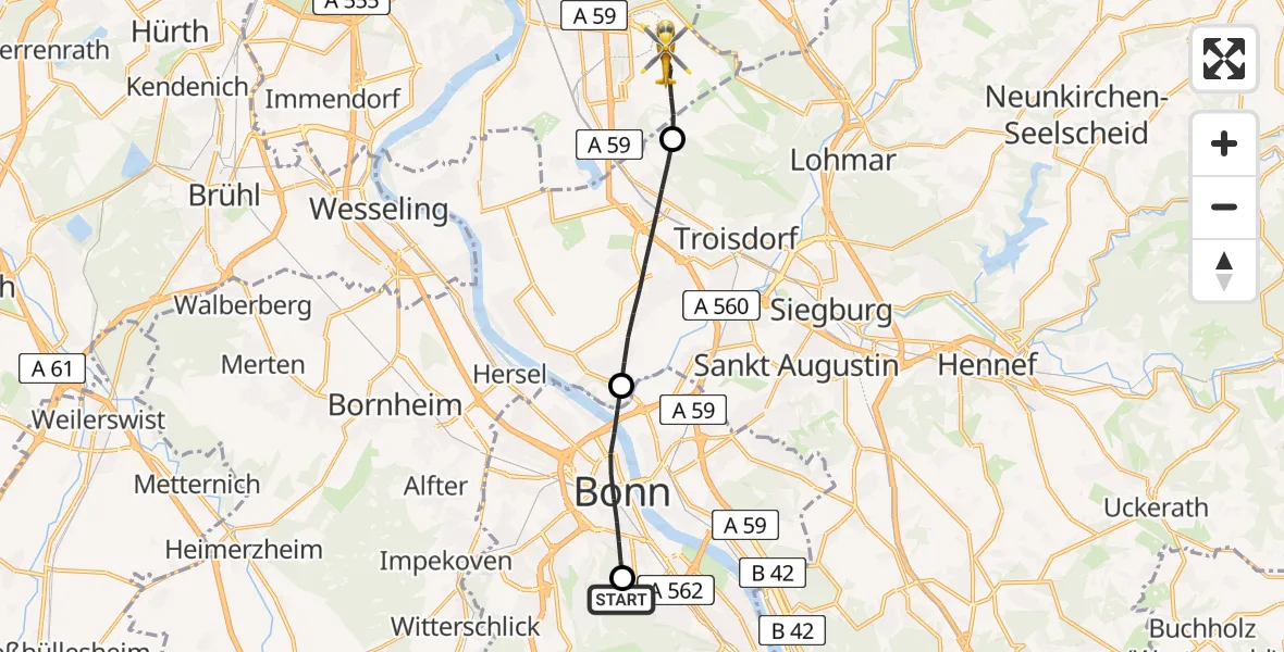 Flugroute Ambulanzhubschrauber Bonn University Hospital - Köln Bonn Flughafen, 18 April 2026, 11:40