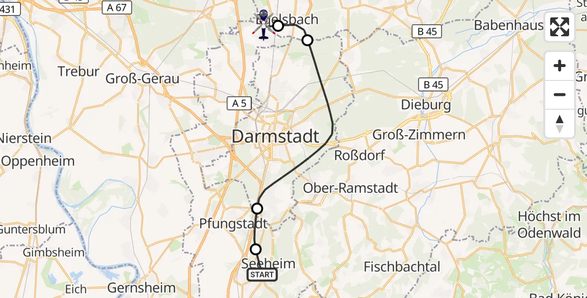 Flugroute Polizeihubschrauber Seeheim-Jugenheim - Flughafen Frankfurt-Egelsbach, 18 April 2026, 11:42