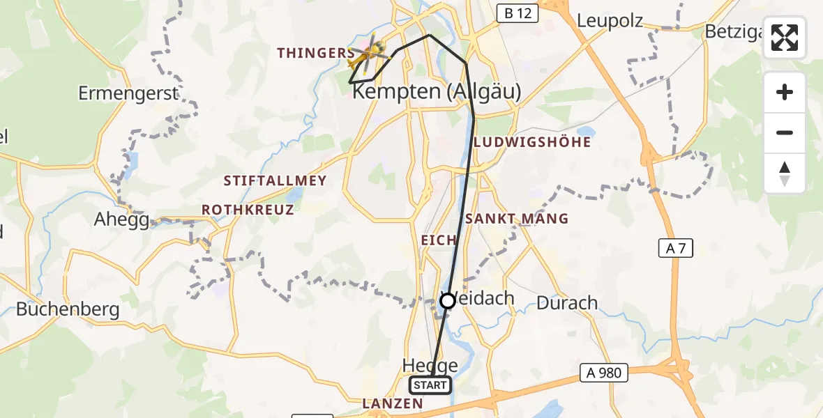 Flugroute Rettungshubschrauber Waltenhofen - Kempten (Allgäu), 18 April 2026, 11:53
