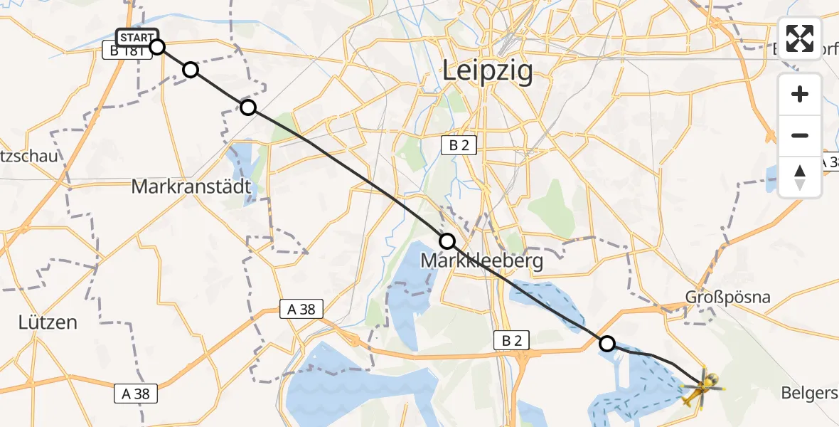 Flugroute Rettungshubschrauber ADAC Air Rescue Station Leipzig/Schkeuditz-Dölzig Hubschrauberlandeplatz (Christoph 61) - Großpösna, 18 April 2026, 11:57