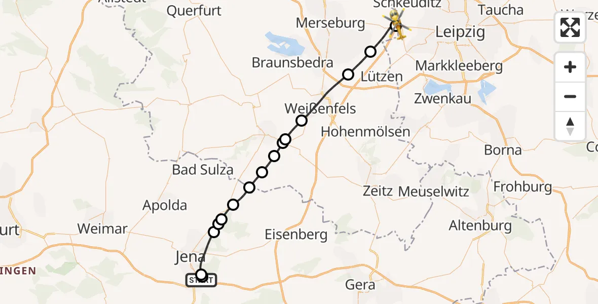 Flugroute Rettungshubschrauber Jena University Hospital - ADAC Air Rescue Station Leipzig/Schkeuditz-Dölzig Hubschrauberlandeplatz (Christoph 61), 18 April 2026, 11:58