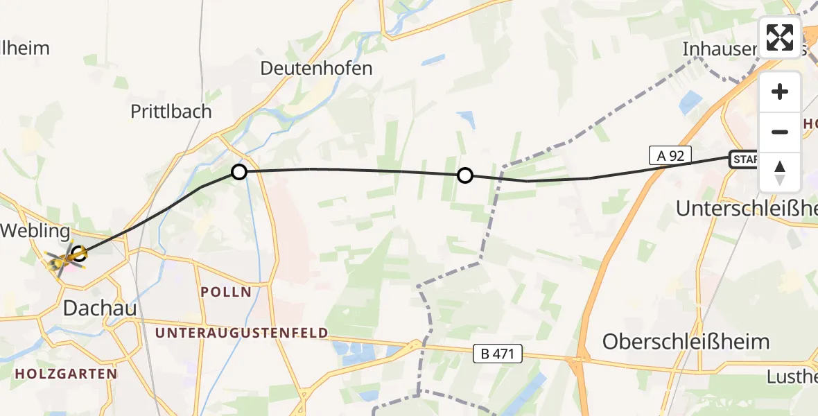 Flugroute Rettungshubschrauber Unterschleißheim - Helios Clinic Dachau, 18 April 2026, 11:59
