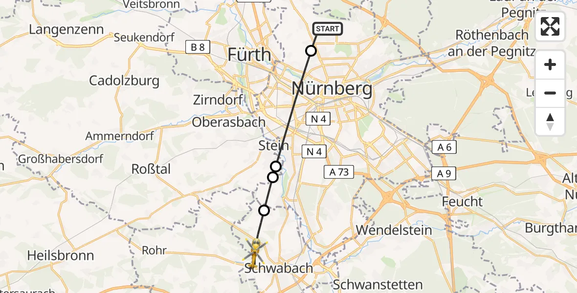 Flugroute Rettungshubschrauber Flughafen Nuremberg - Schwabach, 18 April 2026, 12:00