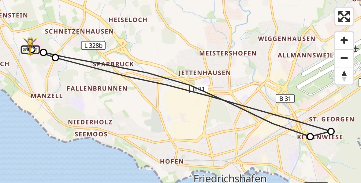 Flugroute Rettungshubschrauber Friedrichshafen Hospital - Friedrichshafen Hospital, 18 April 2026, 12:02