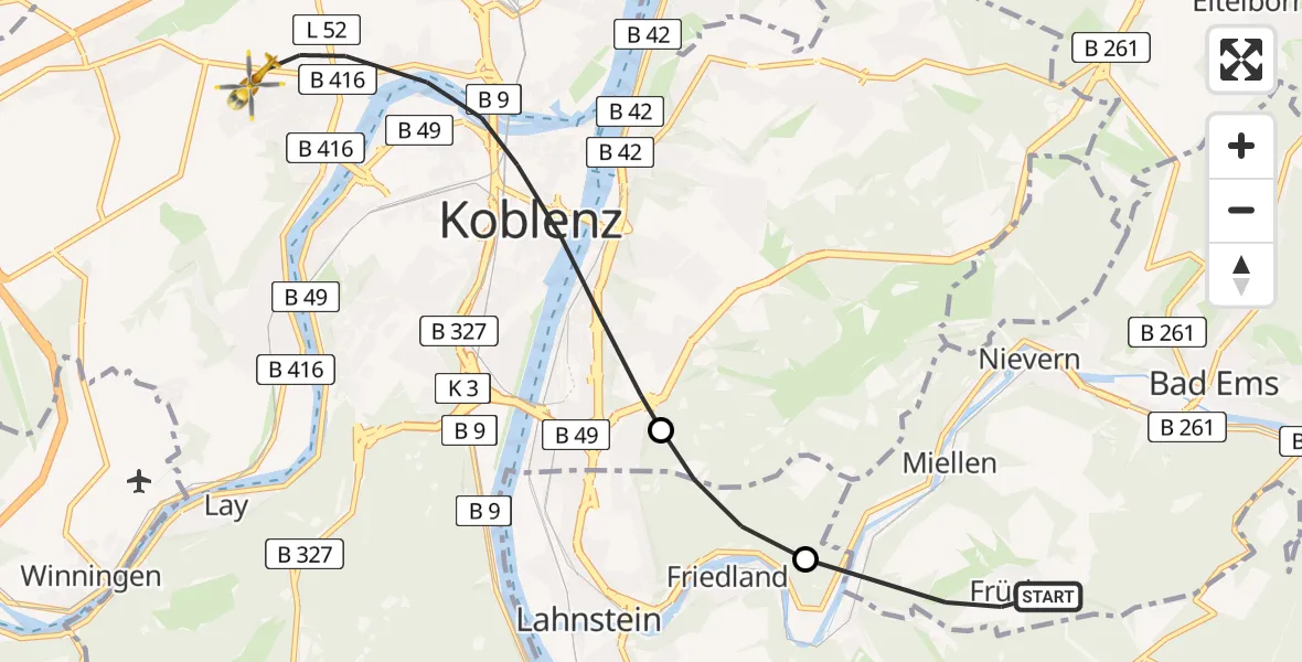 Flugroute Rettungshubschrauber Frücht - Koblenz, 18 April 2026, 12:02