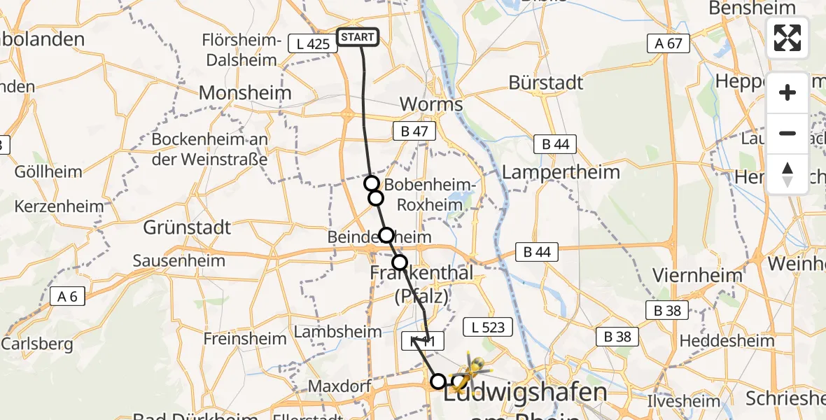 Flugroute Rettungshubschrauber Worms - Ludwigshafen Accident Hospital, 18 April 2026, 12:05