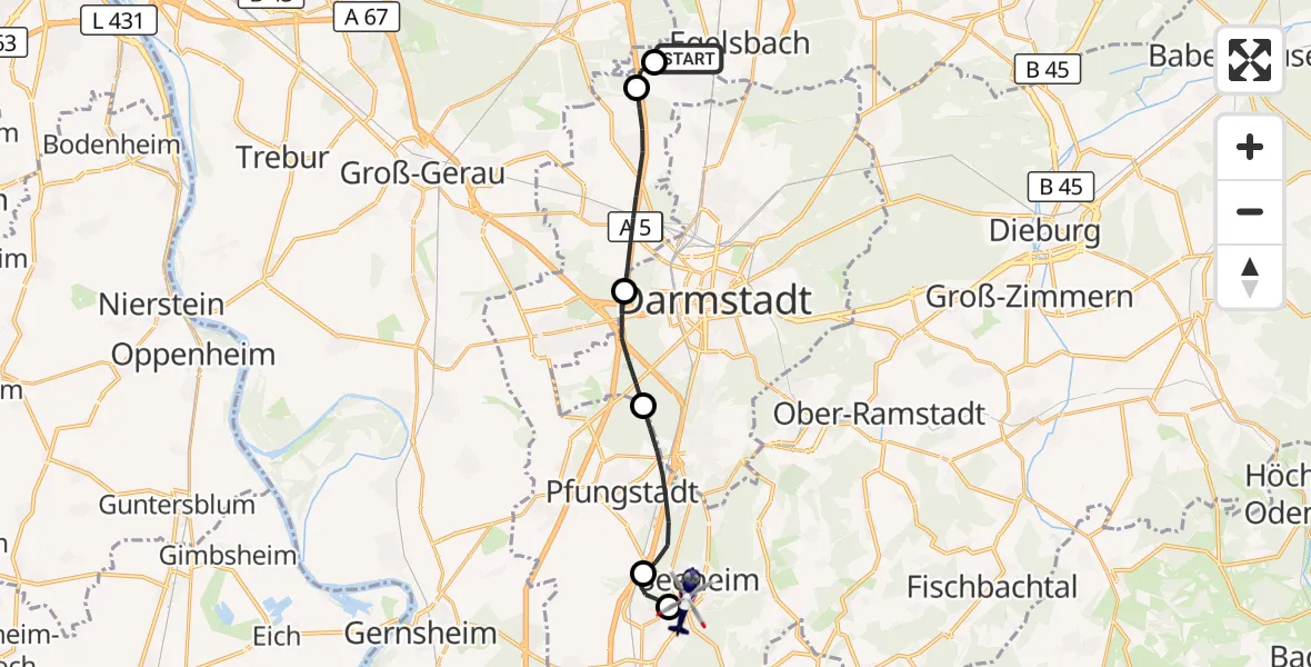 Flugroute Polizeihubschrauber Flughafen Frankfurt-Egelsbach - Seeheim-Jugenheim, 18 April 2026, 12:08