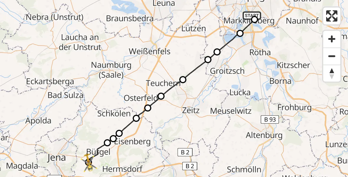 Flugroute Rettungshubschrauber Leipzig - Jena-Schöngleina Flugplatz, 18 April 2026, 12:12