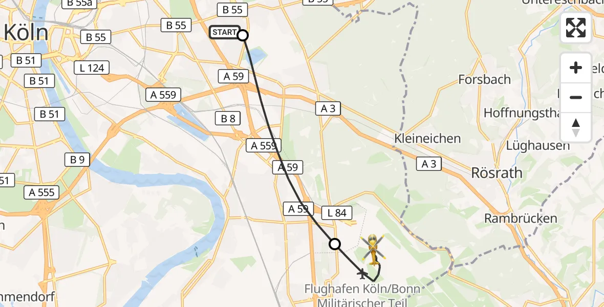 Flugroute Rettungshubschrauber Merheim Hospital - Köln Bonn Flughafen, 18 April 2026, 12:26