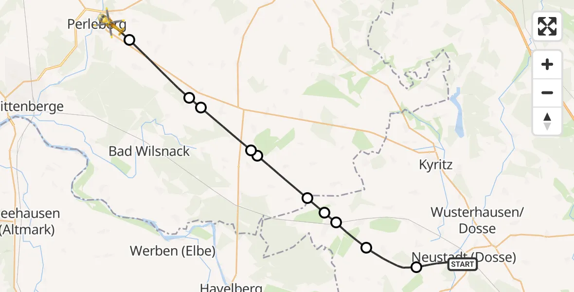 Flugroute Rettungshubschrauber Neustadt (Dosse) - Perleberg, 18 April 2026, 12:35