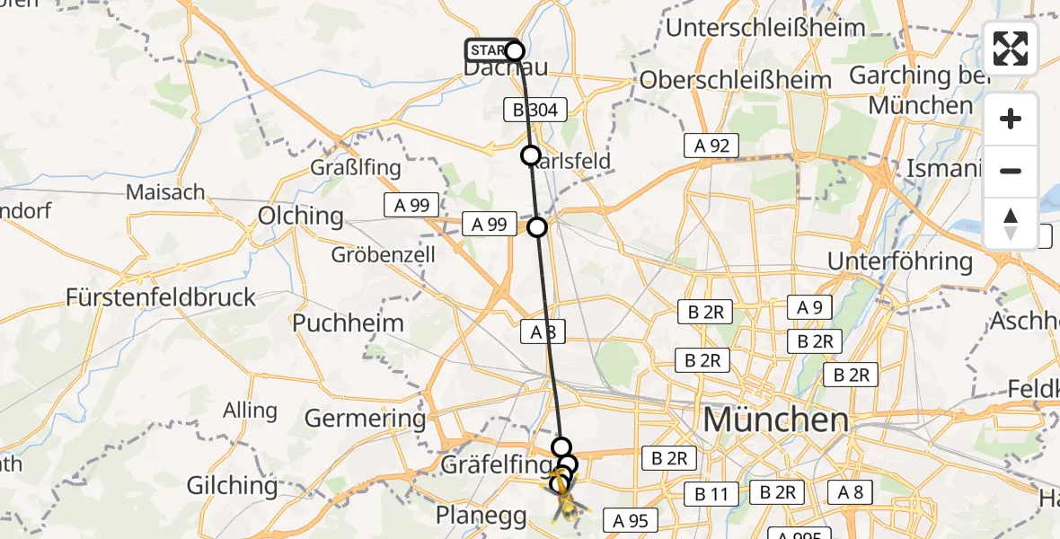 Flugroute Rettungshubschrauber Helios Clinic Dachau - DRF Air Rescue München Hubschrauberlandeplatz, 18 April 2026, 12:43
