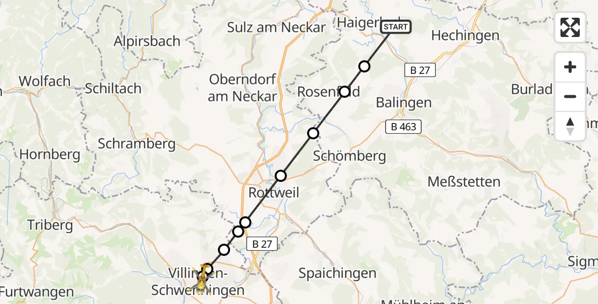 Flugroute Rettungshubschrauber Haigerloch - DRF Air Rescue Station Villingen-Schwenningen Hubschrauberlandeplatz (Christoph 11), 18 April 2026, 12:58
