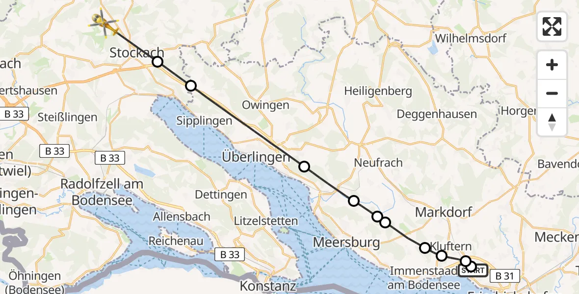 Flugroute Rettungshubschrauber Friedrichshafen Hospital - Stockach, 18 April 2026, 13:08