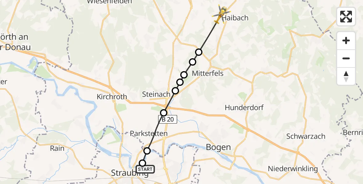 Flugroute Rettungshubschrauber Sankt Elisabeth Hospital Straubing - Haibach, 18 April 2026, 13:11