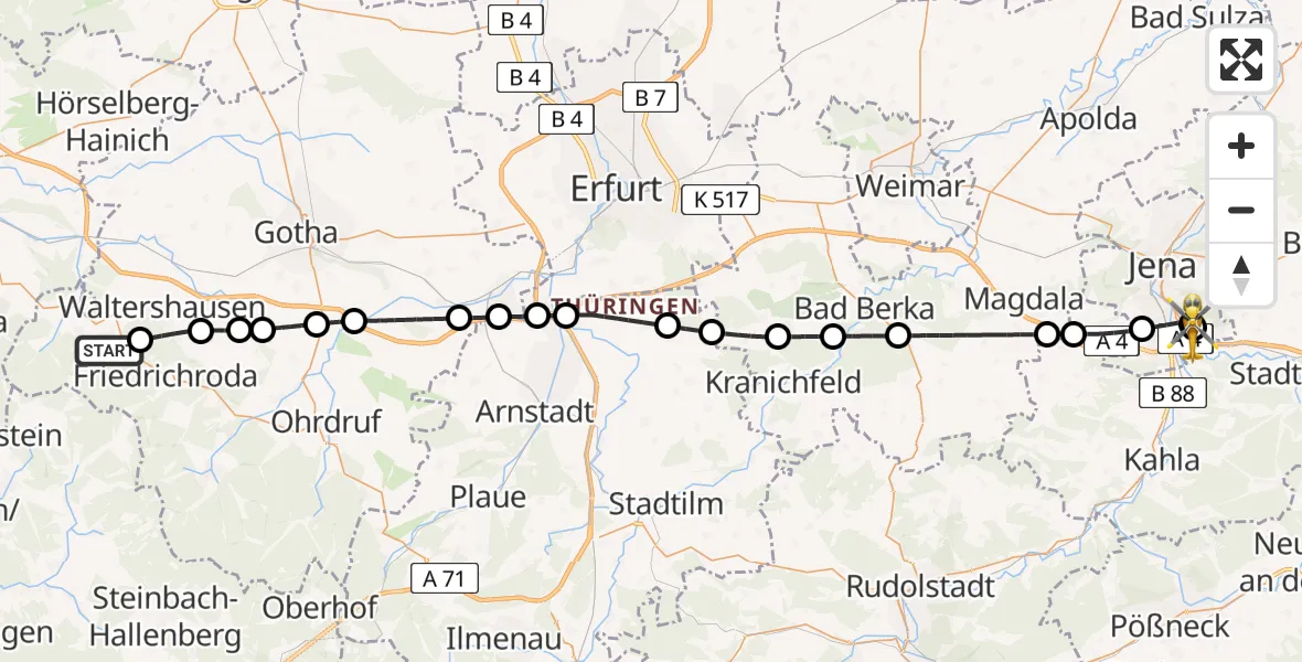 Flugroute Rettungshubschrauber Bad Tabarz - Jena University Hospital, 18 April 2026, 13:13
