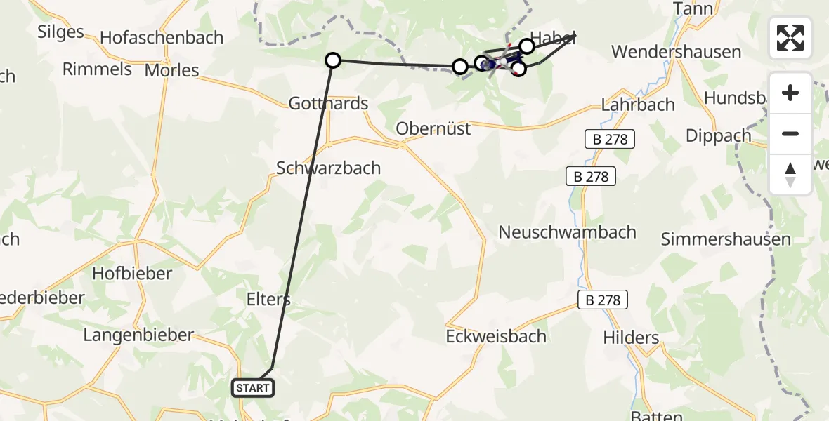 Flugroute Polizeihubschrauber Hofbieber - Geisa, 18 April 2026, 13:20