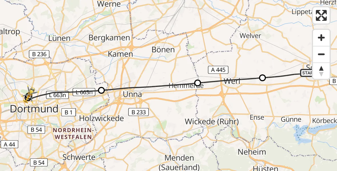 Flugroute Rettungshubschrauber Soest - Dortmund Hospital North, 18 April 2026, 13:28
