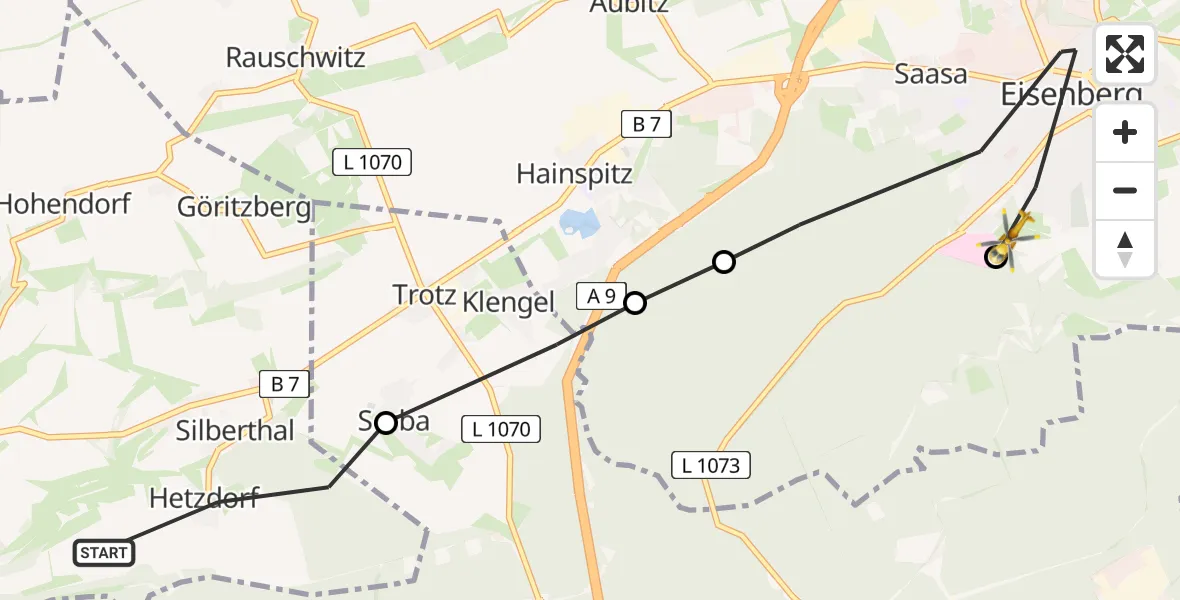 Flugroute Rettungshubschrauber Bürgel - Eisenberg, 18 April 2026, 13:32