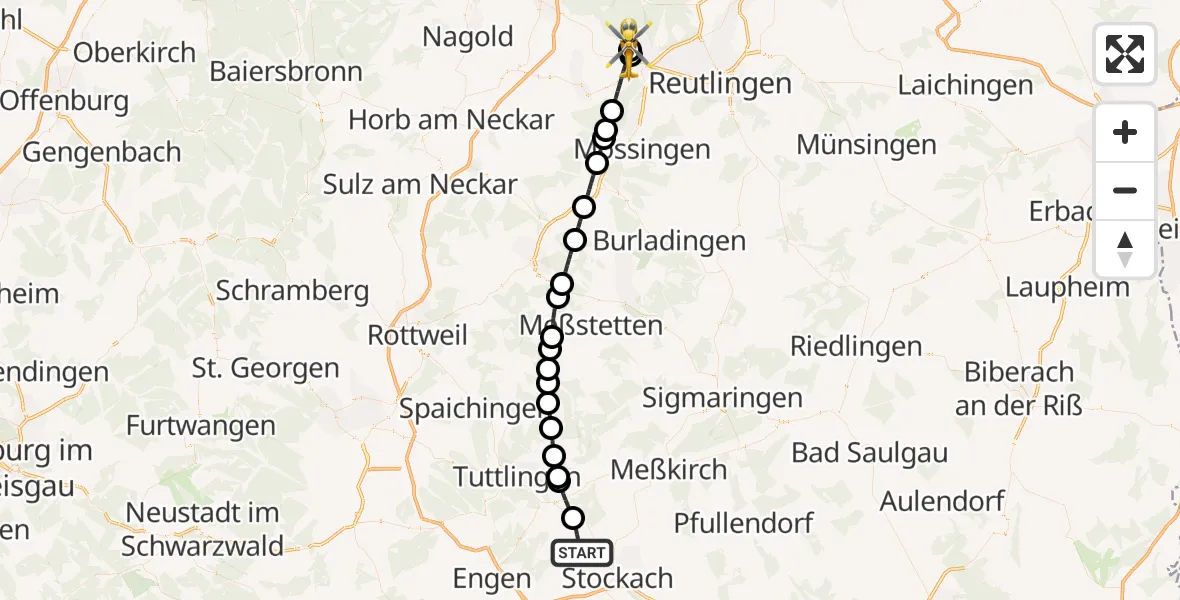 Flugroute Rettungshubschrauber Eigeltingen - Tübingen Trauma Hospital, 18 April 2026, 13:38