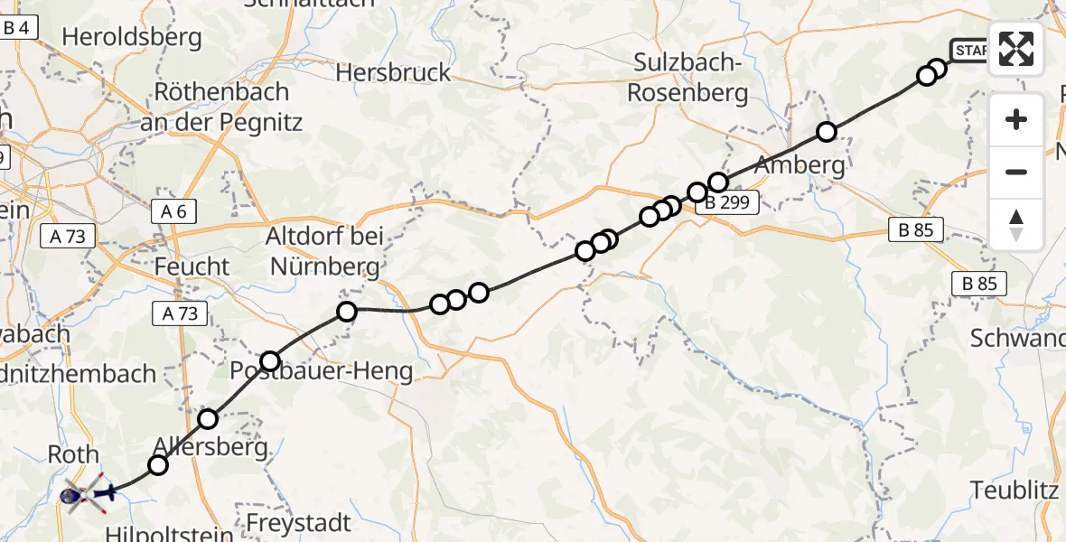 Flugroute Polizeihubschrauber Schnaittenbach - Roth, 18 April 2026, 13:48