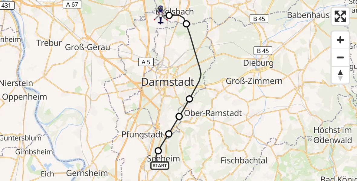 Flugroute Polizeihubschrauber Seeheim-Jugenheim - Flughafen Frankfurt-Egelsbach, 18 April 2026, 14:06