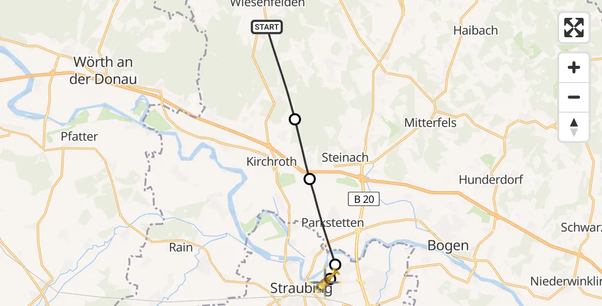 Flugroute Rettungshubschrauber Wiesenfelden - Sankt Elisabeth Hospital Straubing, 18 April 2026, 14:06