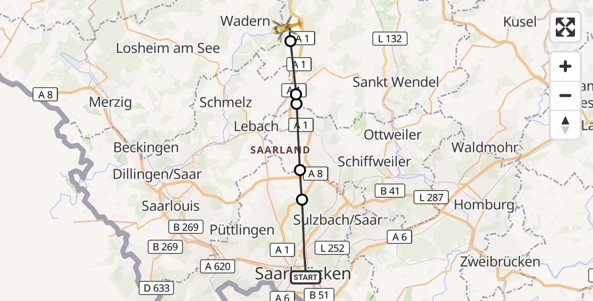 Flugroute Rettungshubschrauber Saarbrücken - Nonnweiler, 18 April 2026, 14:14